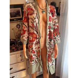 Floral Cotton Duster Robe Kimono Open Front Block Print Boho  Pocket One Size
